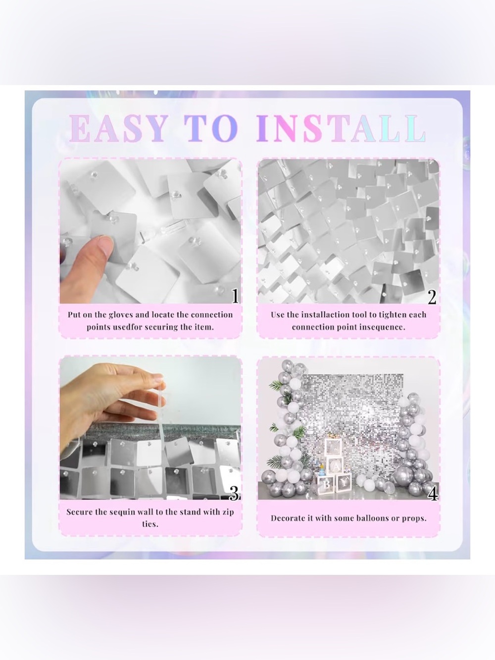 SilverShimmer Wall Backdrop-24 Pcs SquareSequinPanels-Birthday Party,Wedding,Etc - Picture 4 of 7